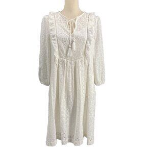 Anthropologie Thames Dress White Eyelet Cotton Womens 6 3/4 Sleeve Mini Boho